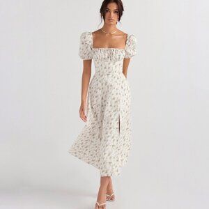 House of CB Tallulah Garden Print White/Green Floral Puff Sleeve Midi NWT